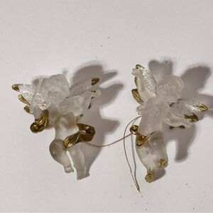 Pair of Frosted Gold Trim Cherub Angel Ornaments 3”